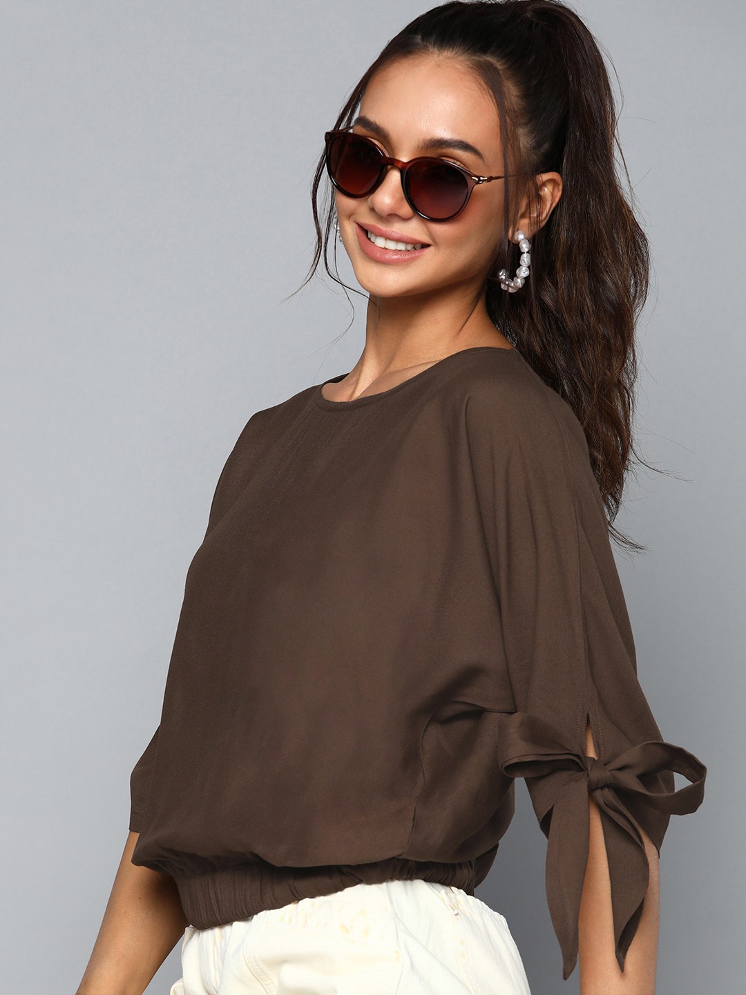 

HERE&NOW Women Coffee Brown Solid Blouson Top