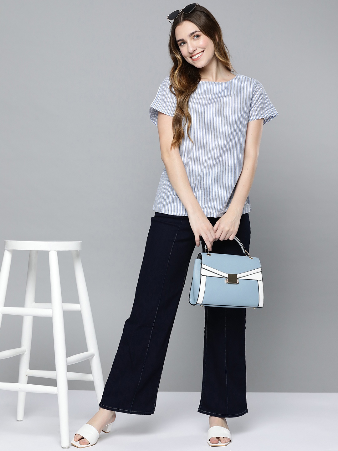 

HERE&NOW Blue & White Round Neck Striped Top