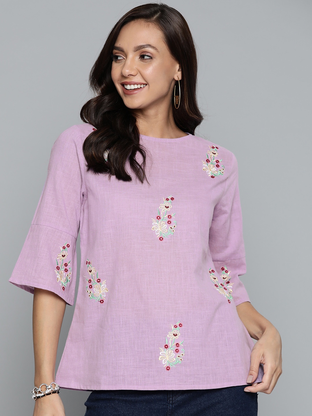 

HERE&NOW Lavender Floral Embroidered Cotton Top