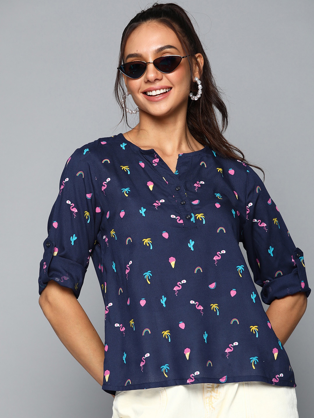 

HERE&NOW Women Navy Blue & Pink Conversational Print Roll-Up Sleeves Top