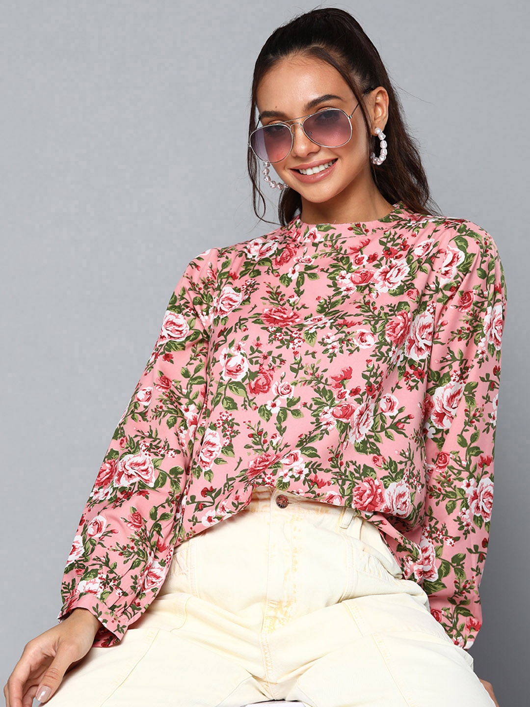 

HERE&NOW Women Pink & Green Floral Print Mandarin Collar Top