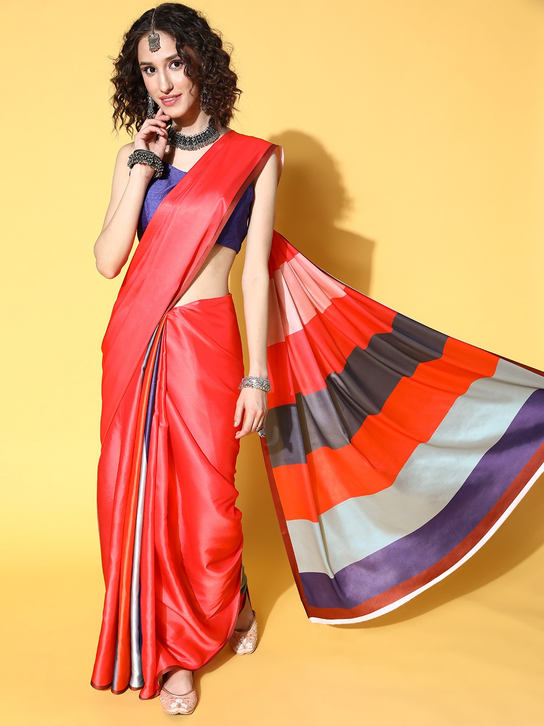 

Mitera Striped Satin Saree, Red