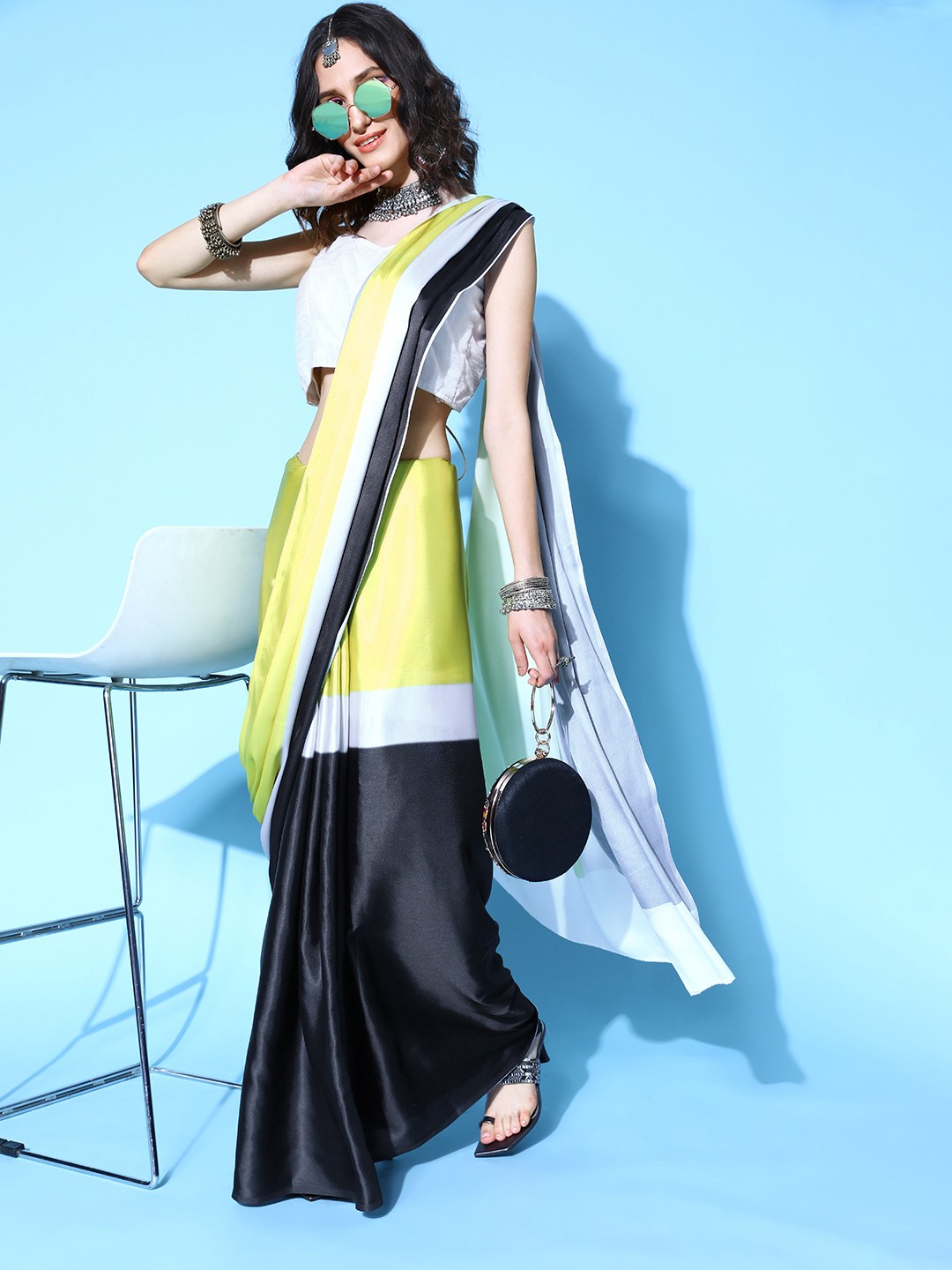 

Mitera Colourblocked Satin Saree, Black