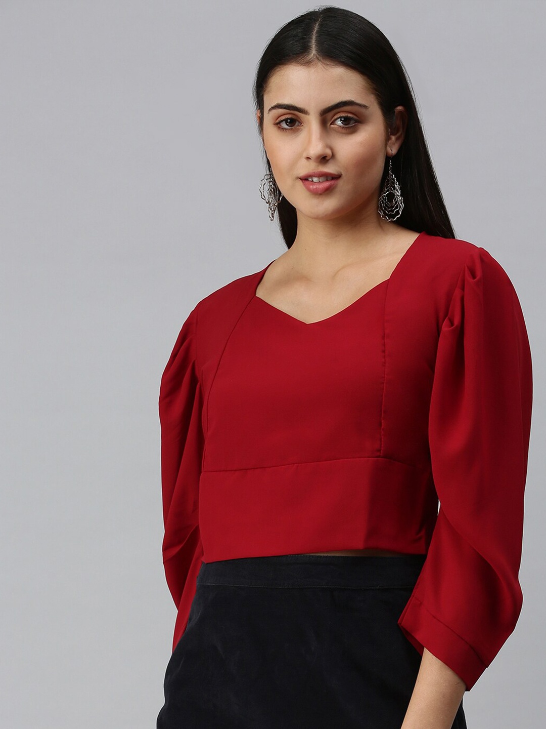 

SHOWOFF Maroon Sweetheart Neck Crepe Top