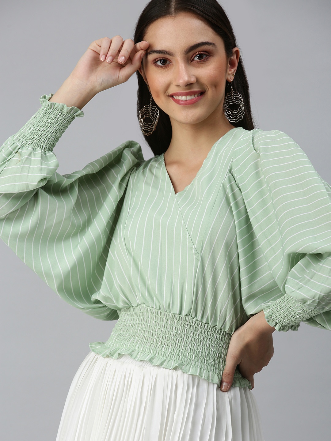 

SHOWOFF Women Green Striped Crepe Blouson Top