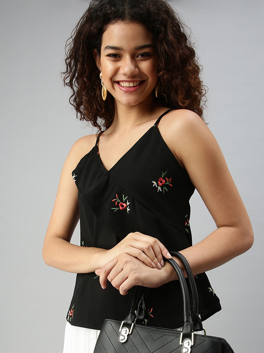 

SHOWOFF Women Black Floral Embroidered Top