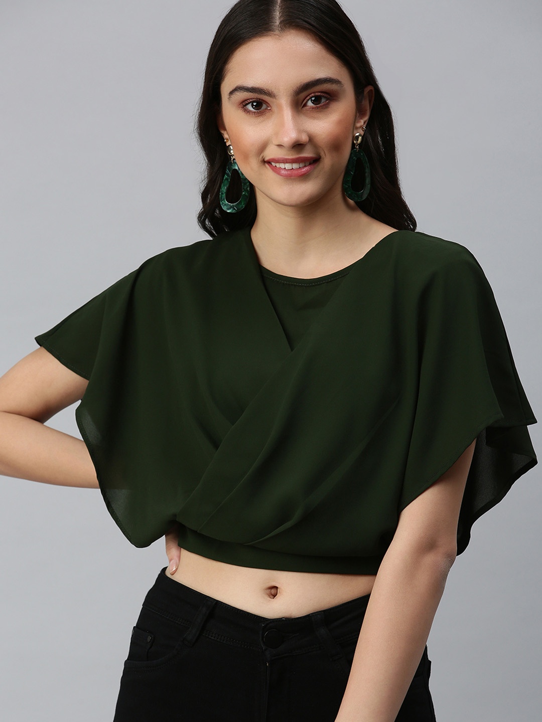 

SHOWOFF Women Olive Green Chiffon Wrap Crop Top