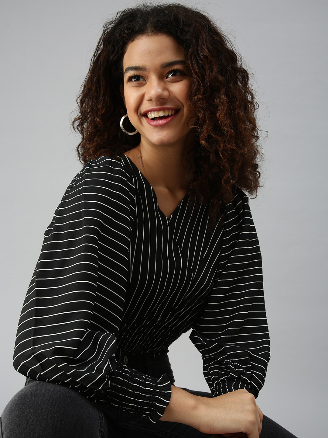

SHOWOFF Black & White Striped Monochrome Crepe Wrap Top