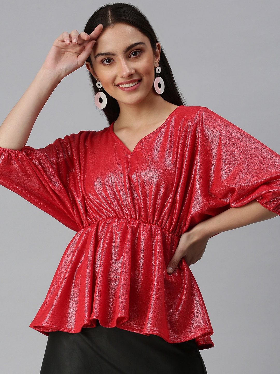 

SHOWOFF Women Red Extended Sleeves Cinched Waist Top