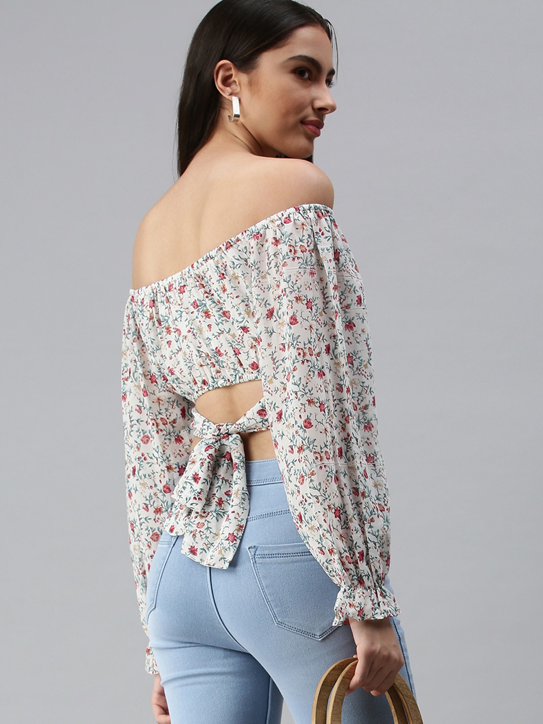

SHOWOFF White Floral Print Off-Shoulder Georgette Bardot Crop Top