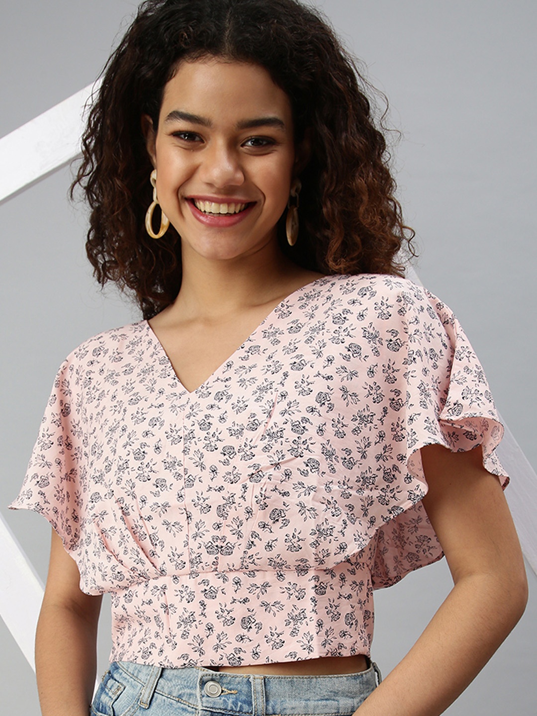 

SHOWOFF Women Peach-Coloured Floral Print Crepe Wrap Crop Top