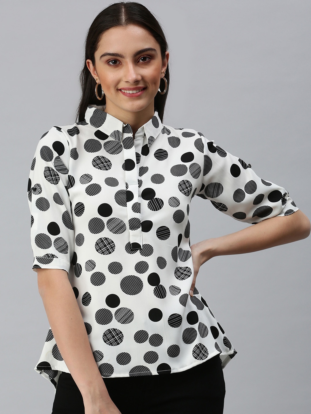 

SHOWOFF White Print Monochrome Crepe Shirt Style Top