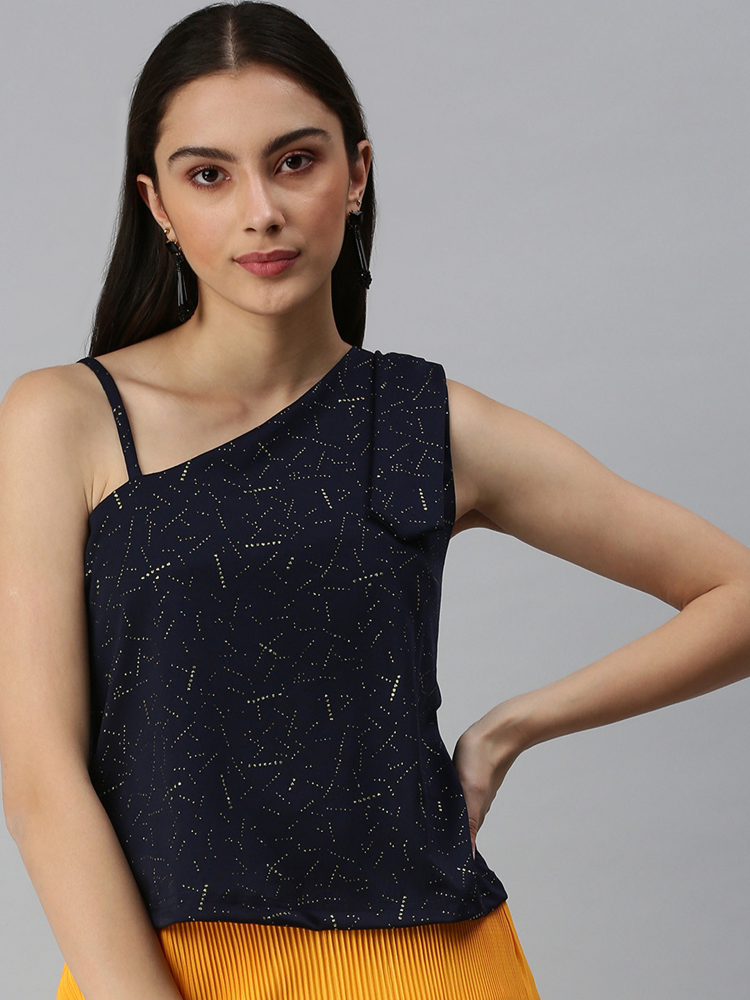 

SHOWOFF Women Navy Blue Embellished One Shoulder Top