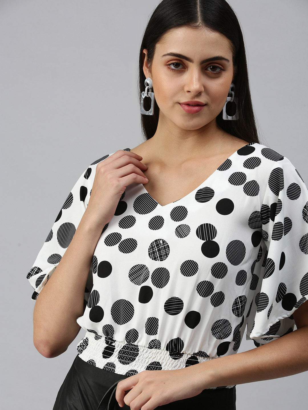 

SHOWOFF Women White Print Crepe Bardot Crop Top