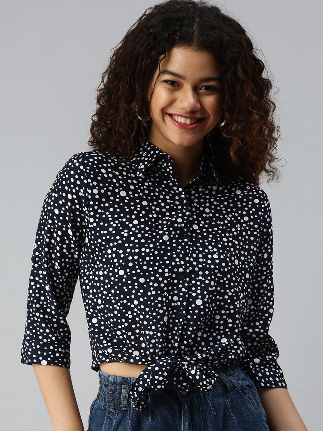 

SHOWOFF Women Navy Blue Print Georgette Shirt Style Crop Top