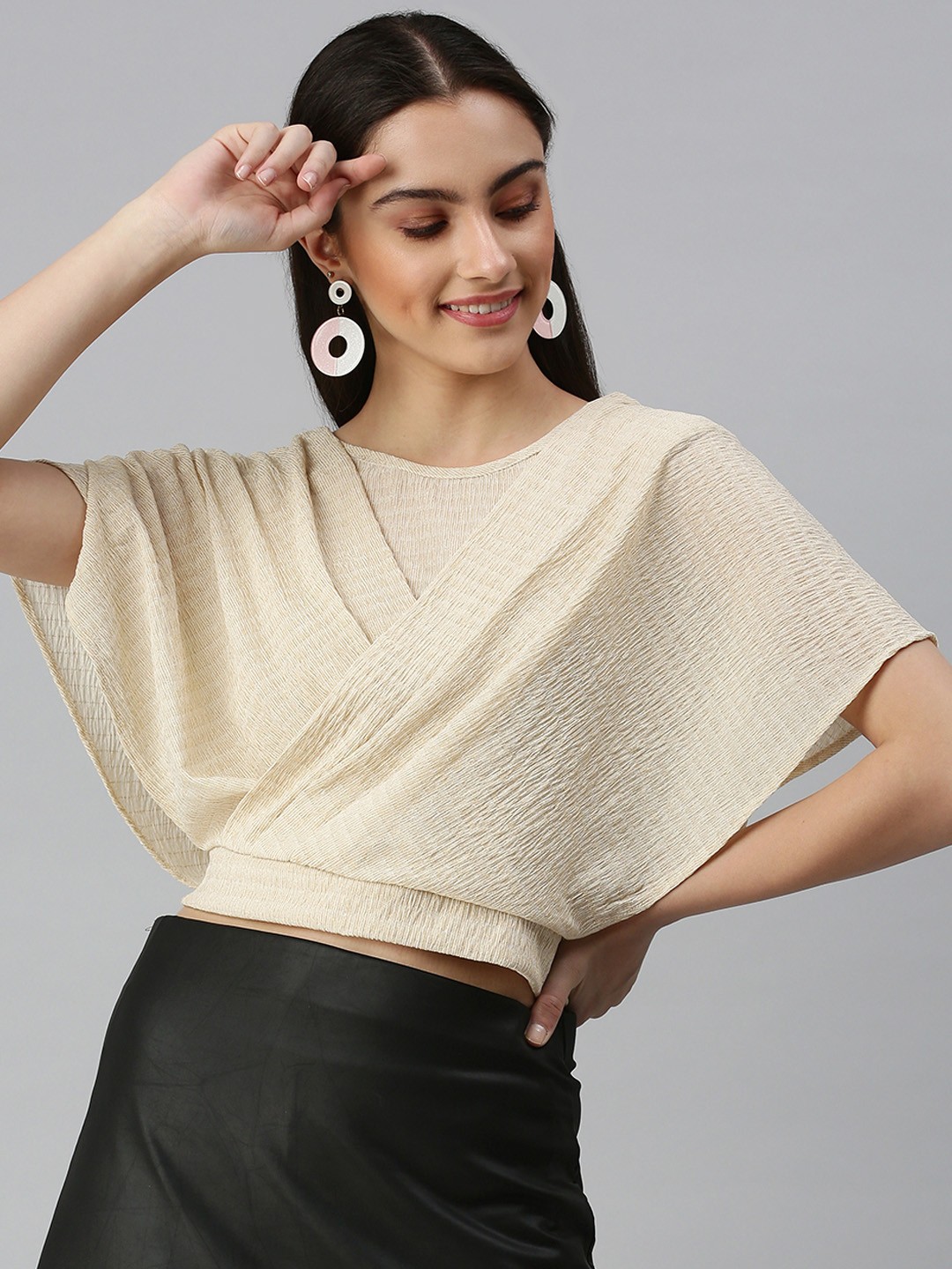

SHOWOFF Women Beige Extended Sleeves Wrap Crop Top