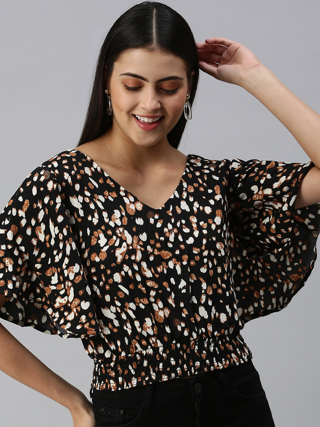 

SHOWOFF Black Animal Print V-Neck Flared Sleeves Printed Top