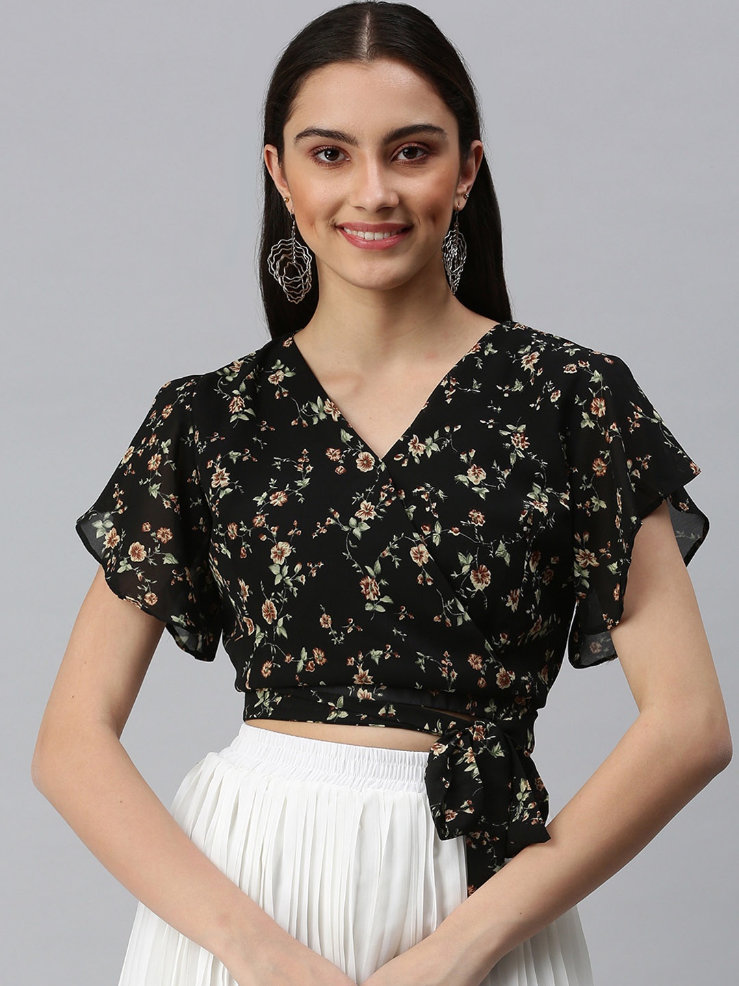 SHOWOFF Black & Beige Floral Print Georgette Wrap Crop Top