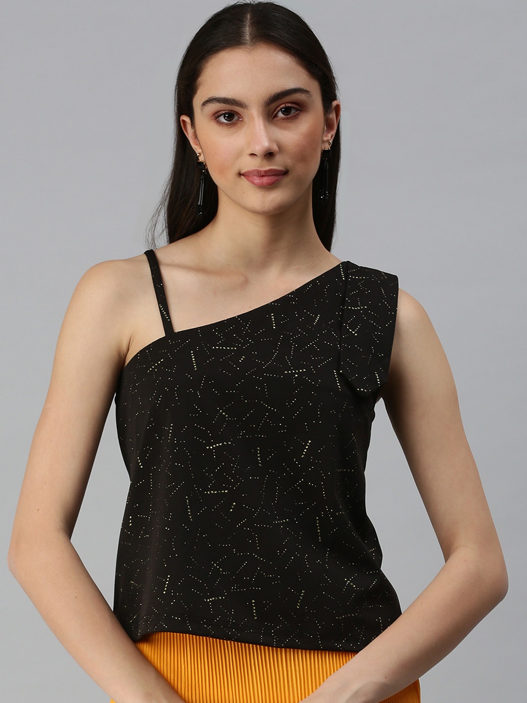 

SHOWOFF Black & Golden Embellished One Shoulder Top