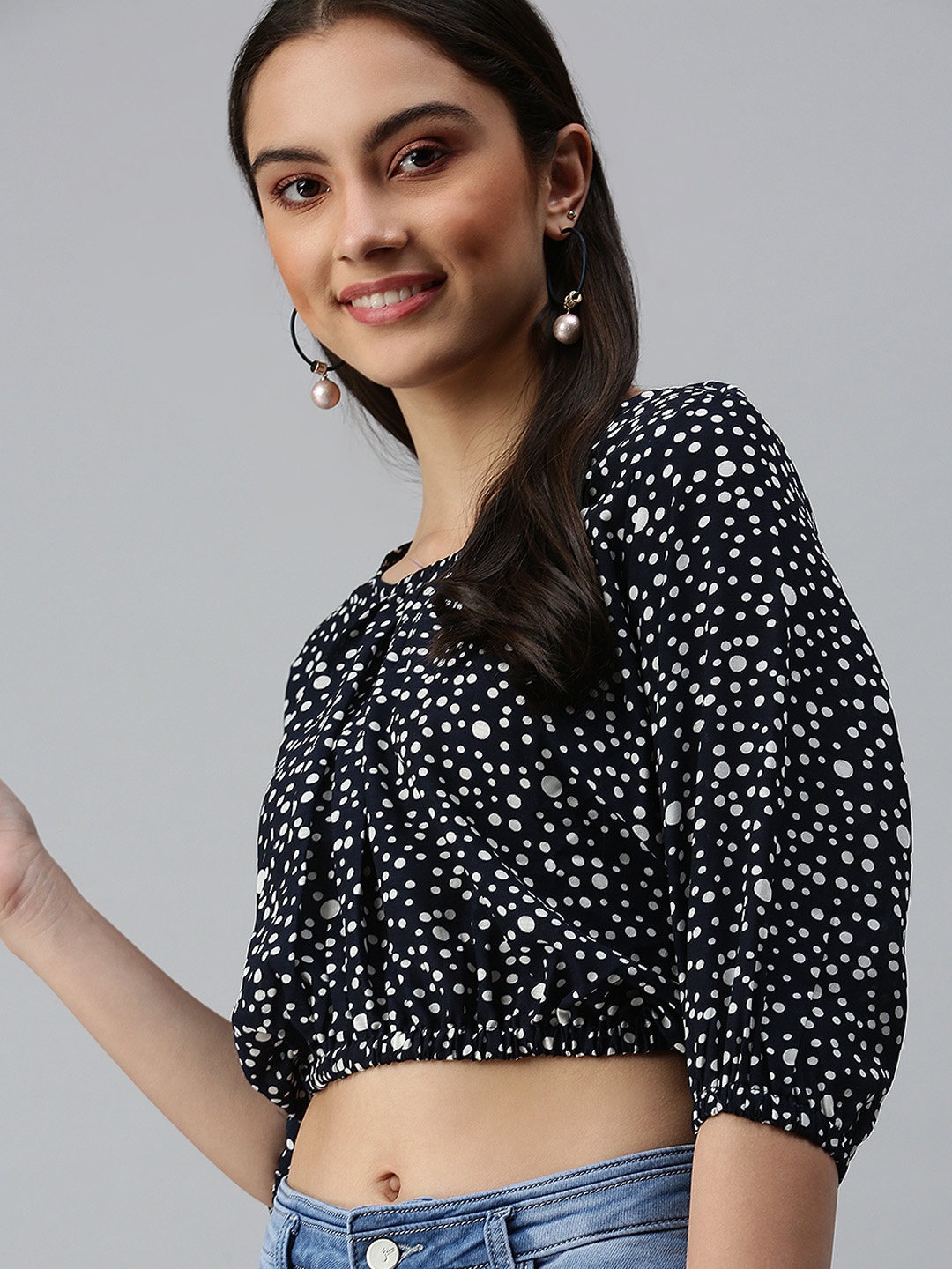 

SHOWOFF Women Navy Blue Print Georgette Crop Top