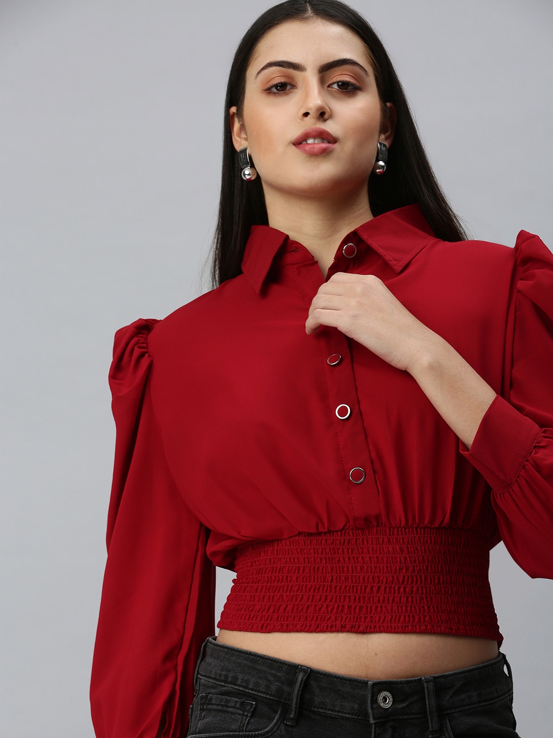 

SHOWOFF Maroon Crepe Shirt Style Crop Top