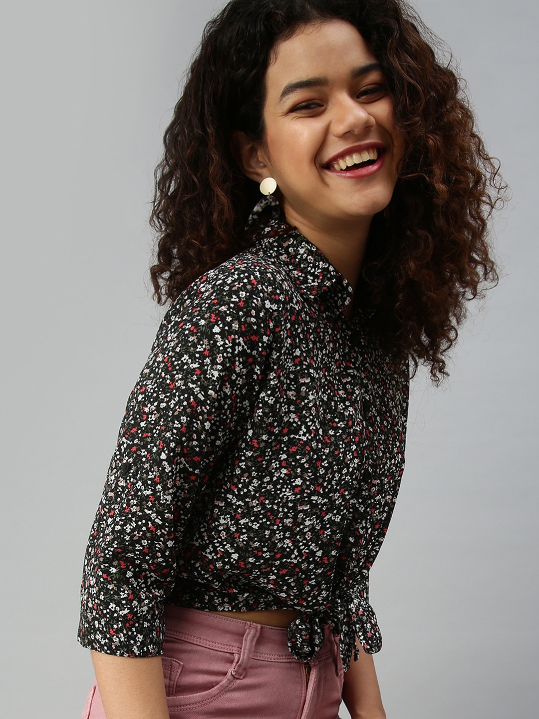 

SHOWOFF Women Black Floral Print Crepe Shirt Style Top