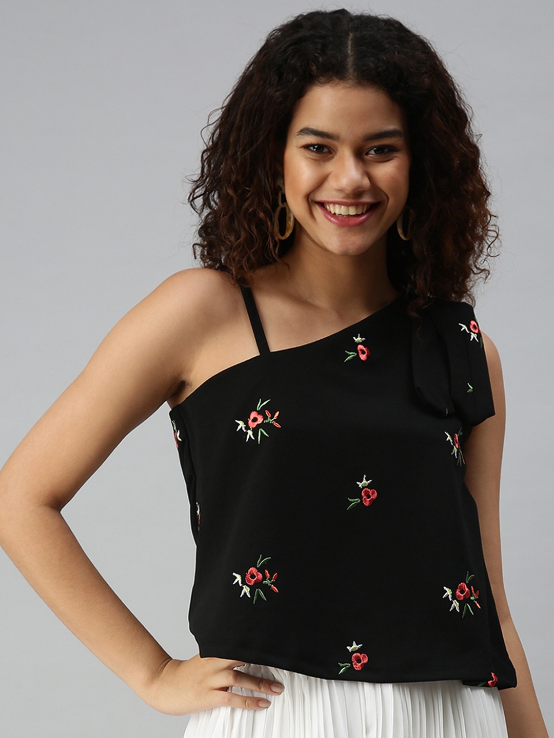 

SHOWOFF Women Black Floral Embroidered One Shoulder Top
