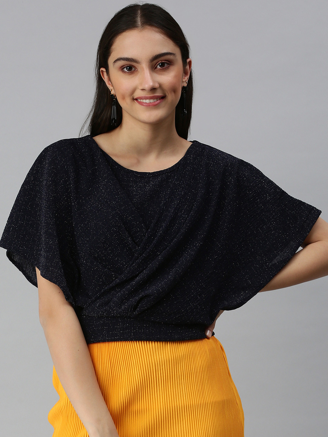 

SHOWOFF Navy Blue & Silver-Toned Extended Sleeves Wrap Top