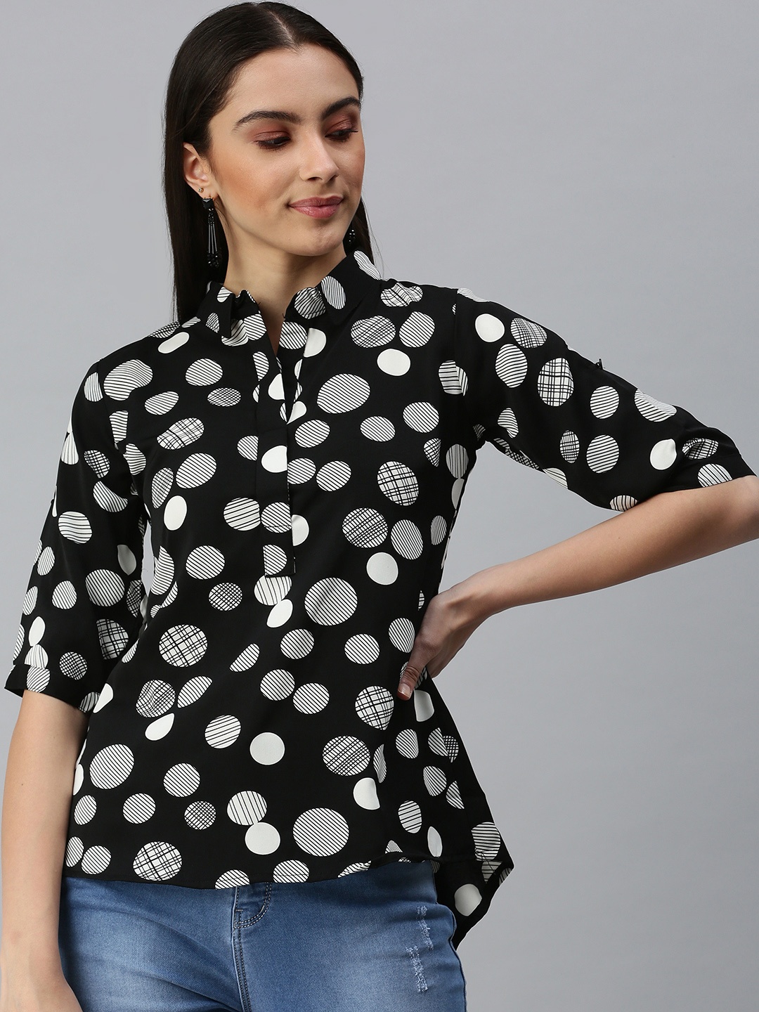 

SHOWOFF Black & White Polka Dots Print Crepe Shirt Style Top