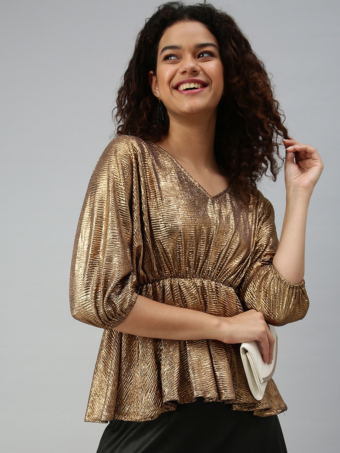 

SHOWOFF Women Bronze-Toned Print Extended Sleeves Cinched Waist Top