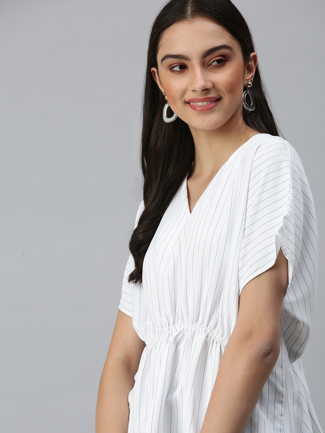 

SHOWOFF Women White Striped Cinched Waist Top