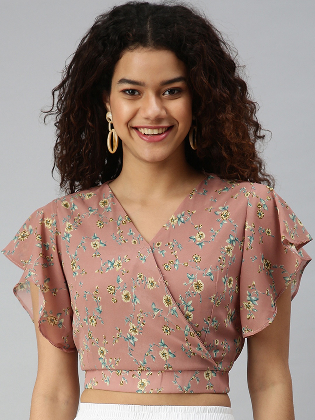 SHOWOFF Mauve & Green Floral Print Georgette Wrap Crop Top