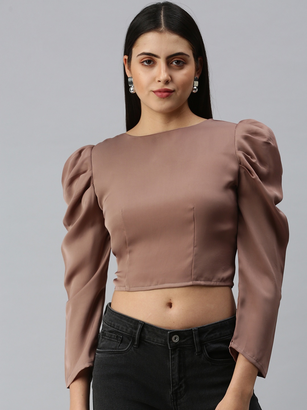 

SHOWOFF Women Taupe Crepe Crop Top