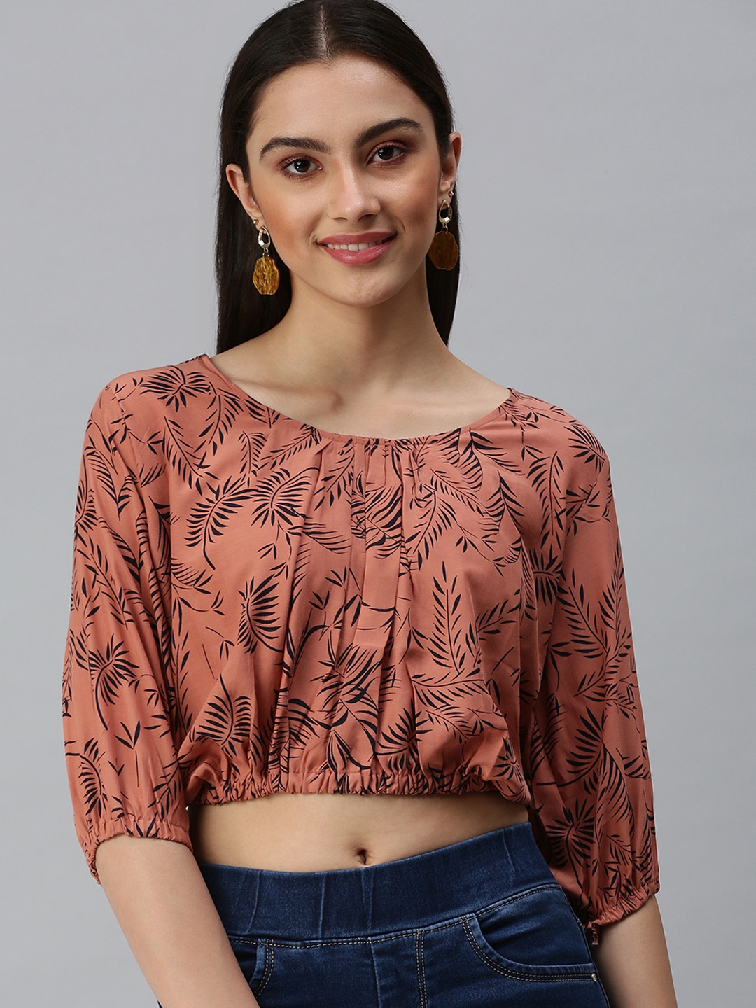 

SHOWOFF Women Brown Floral Print Tropical Crepe Styled Back Crop Top