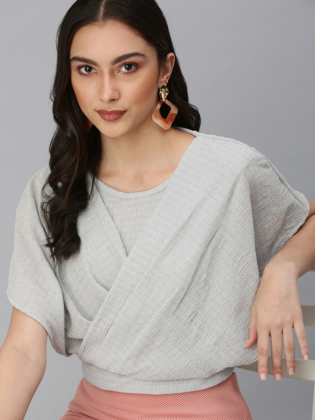 

SHOWOFF Women Grey Extended Sleeves Wrap Top