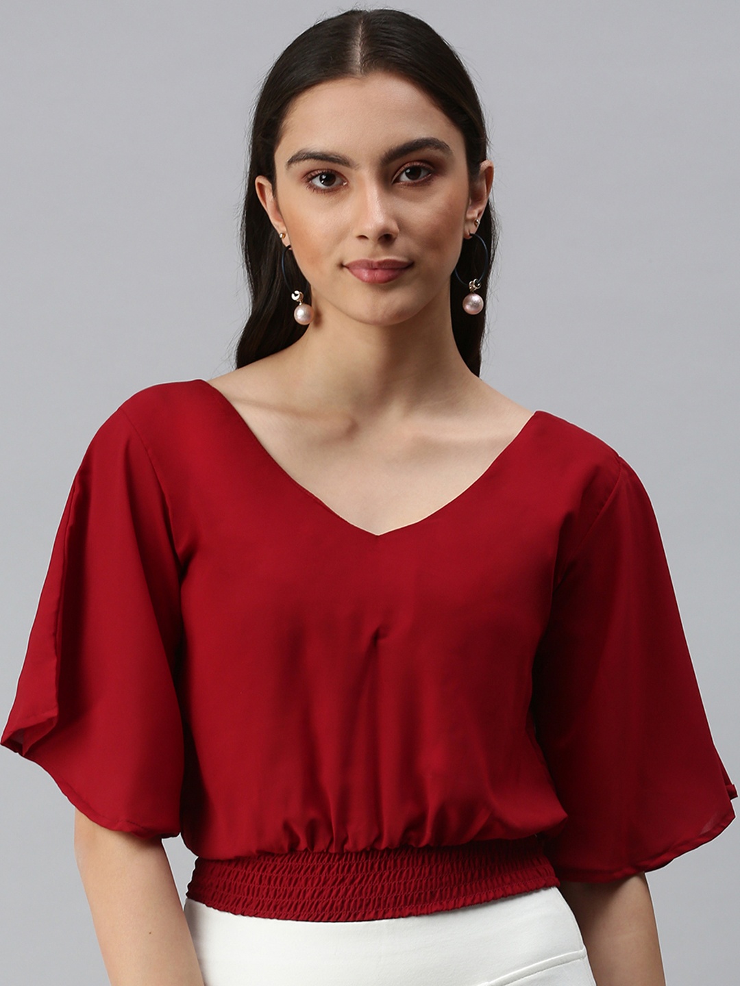 

SHOWOFF Maroon Smocked Crepe Blouson Top