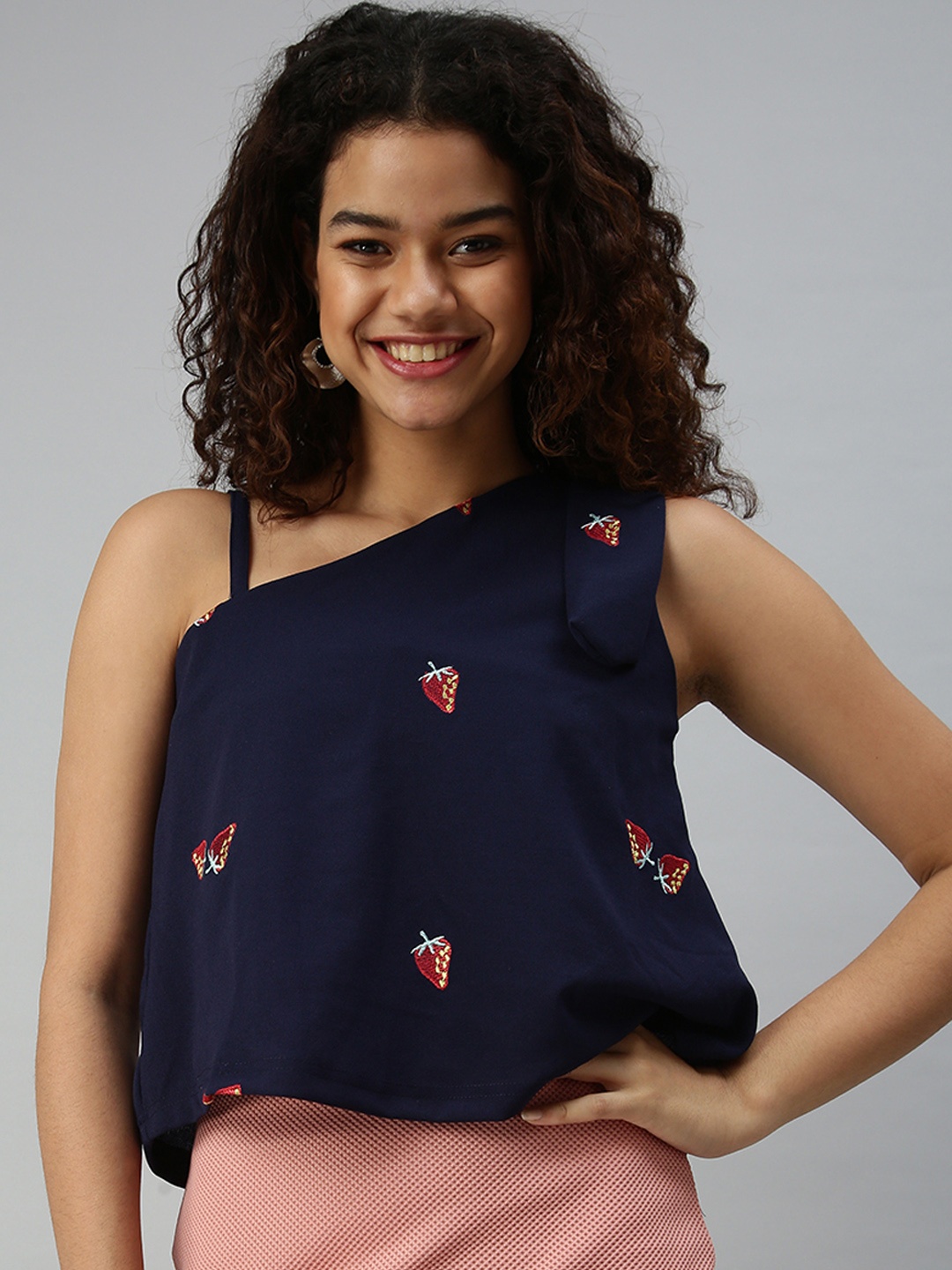 

SHOWOFF Navy Blue Embellished One Shoulder Top