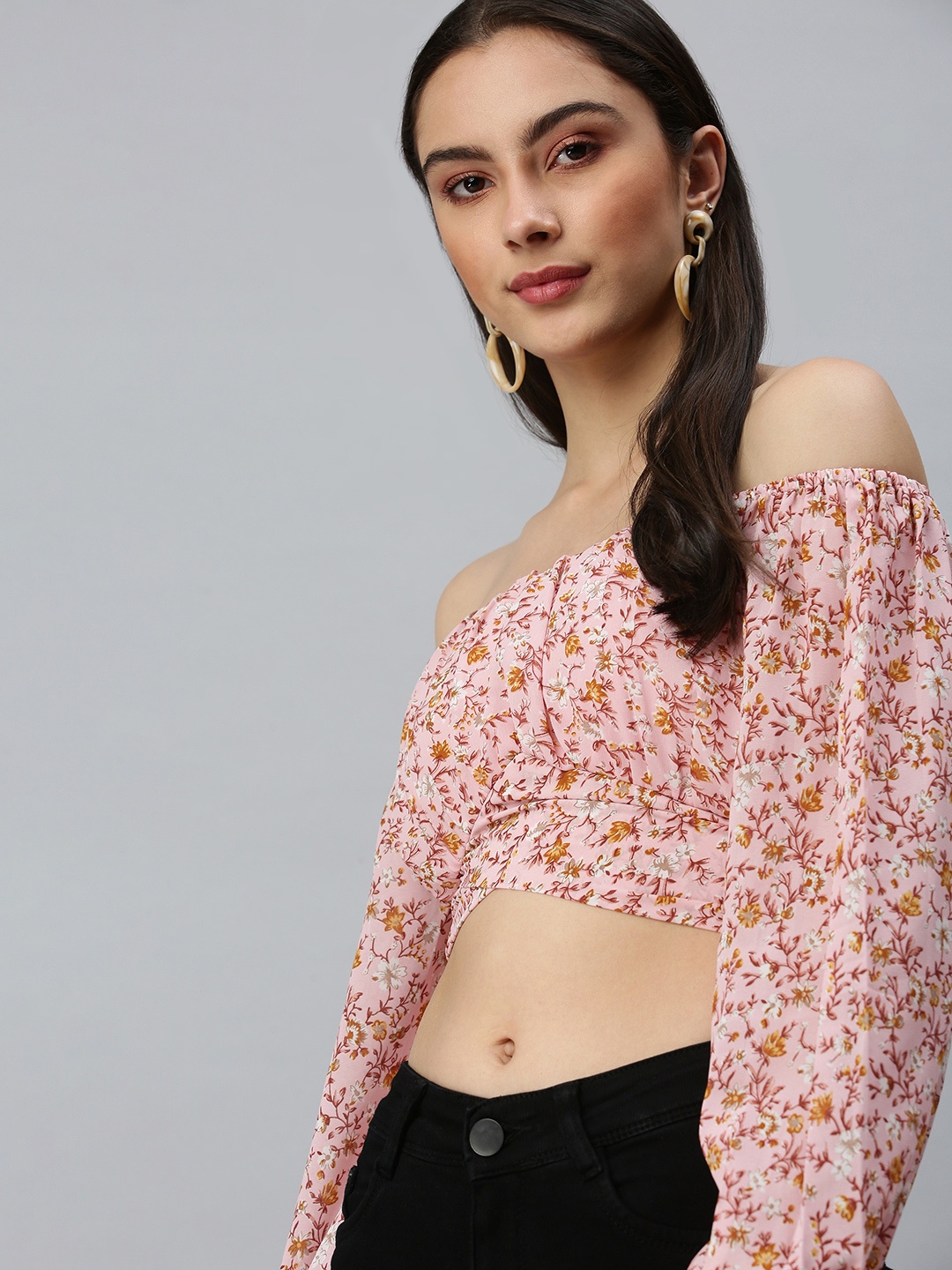 

SHOWOFF Women Pink Floral Printed Off-Shoulder Bardot Crop Top