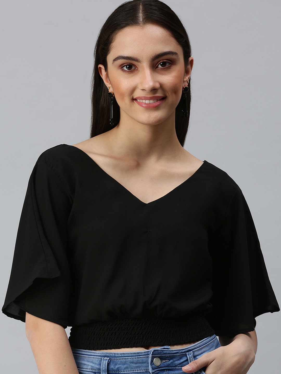 

SHOWOFF Women Black Smocked Crepe Blouson Crop Top