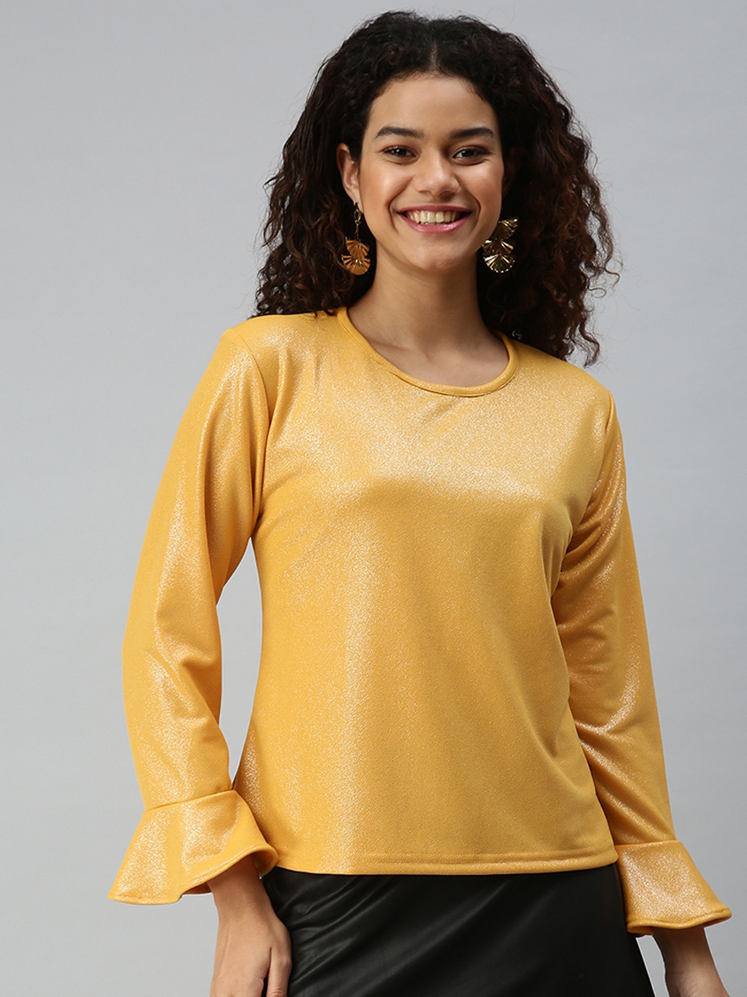 

SHOWOFF Mustard Yellow Sheen Bell Sleeves Top