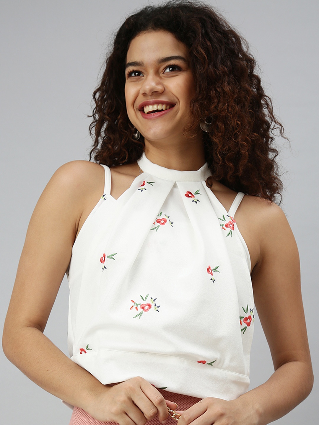 

SHOWOFF Women White Floral Embroidered Halter Neck Top