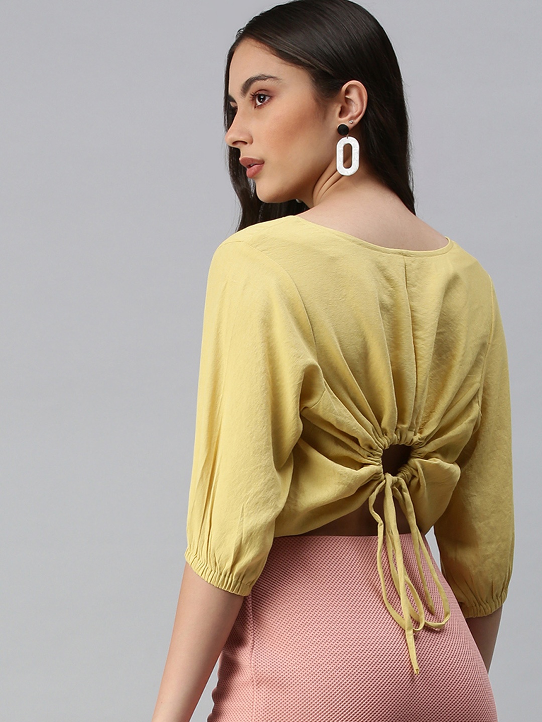 

SHOWOFF Yellow Styled Back Crop Top