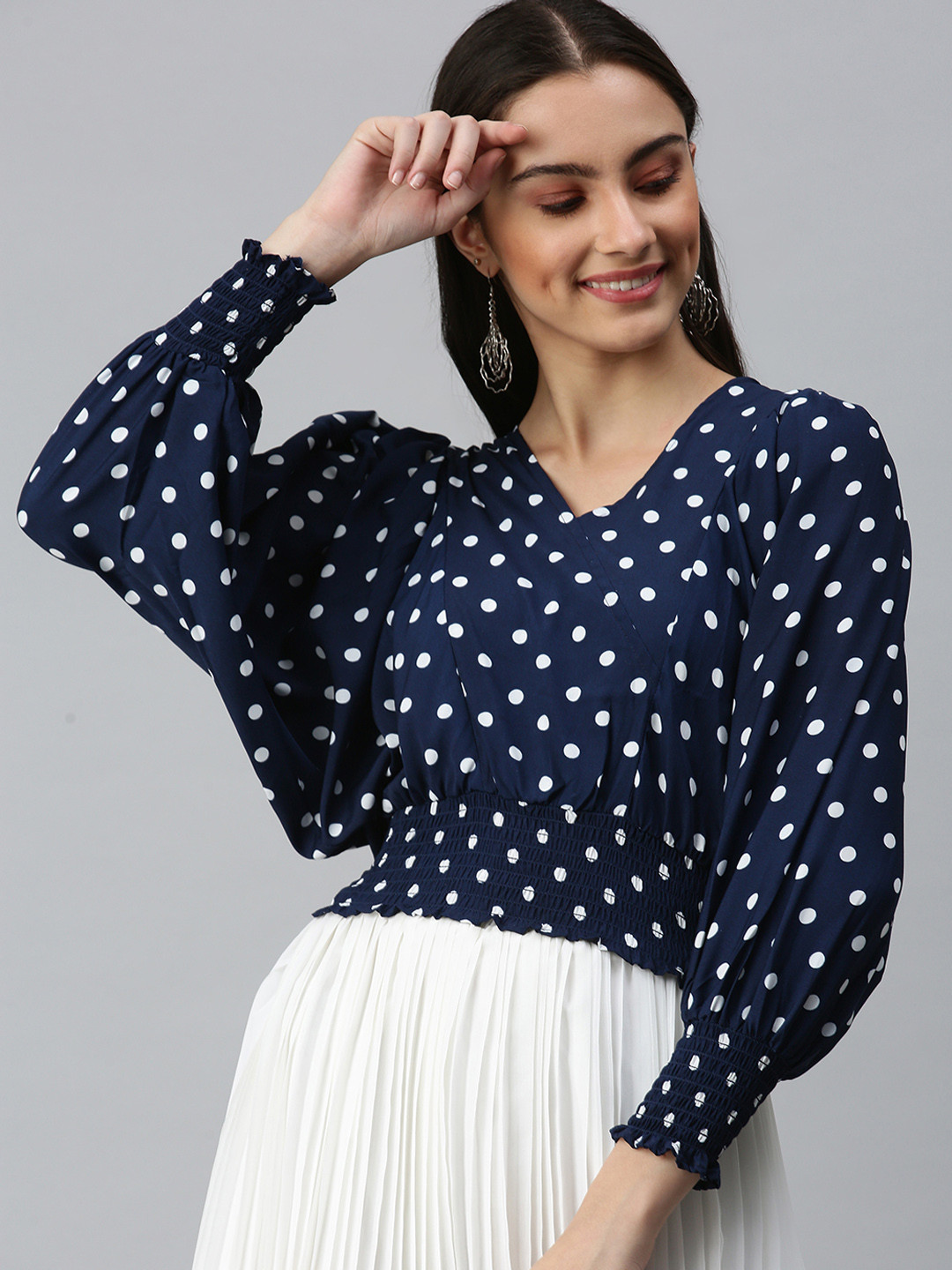 

SHOWOFF Women Navy Blue Printed Smocked Crepe Wrap Crop Top