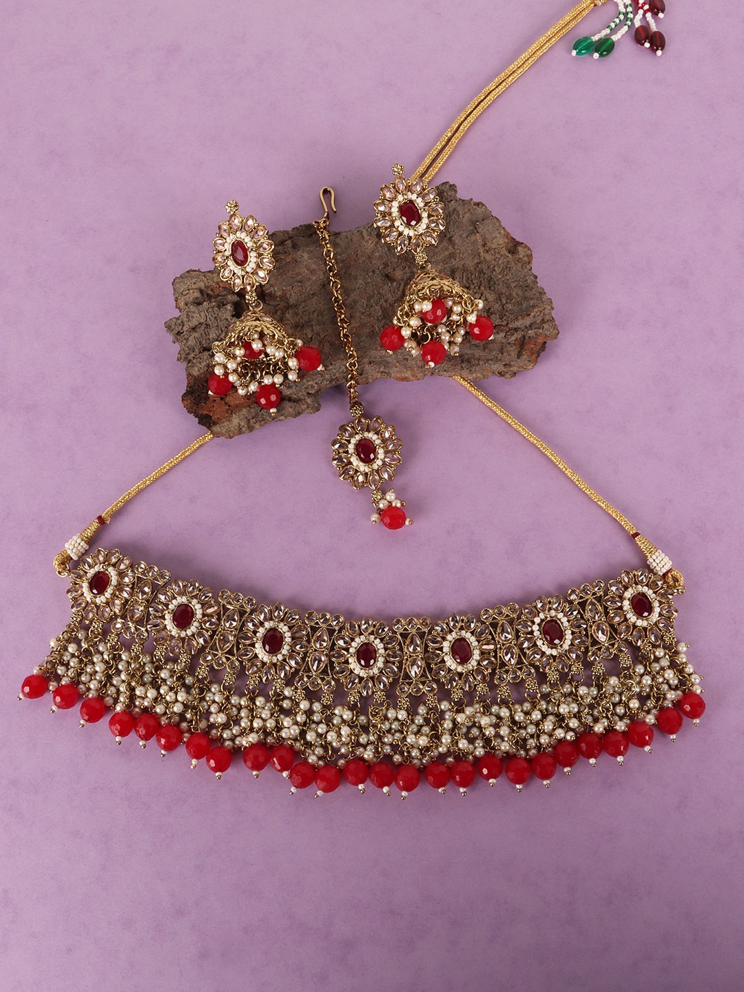 

JEWELS GEHNA Gold-Plated Red Stone-Studded & Beaded Jewellery Set