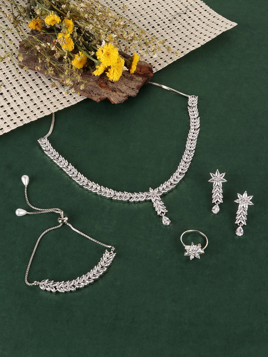 

JEWELS GEHNA Silver-Plated White AD Stone Studded Jewellery Set