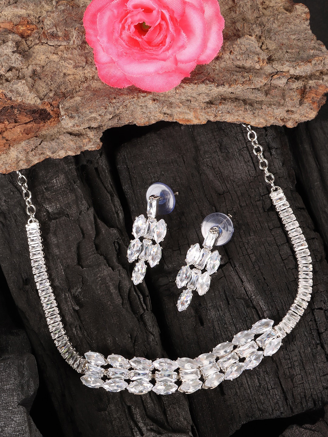

JEWELS GEHNA Silver-Plated White AD Studded Handcrafted Jewellery Set