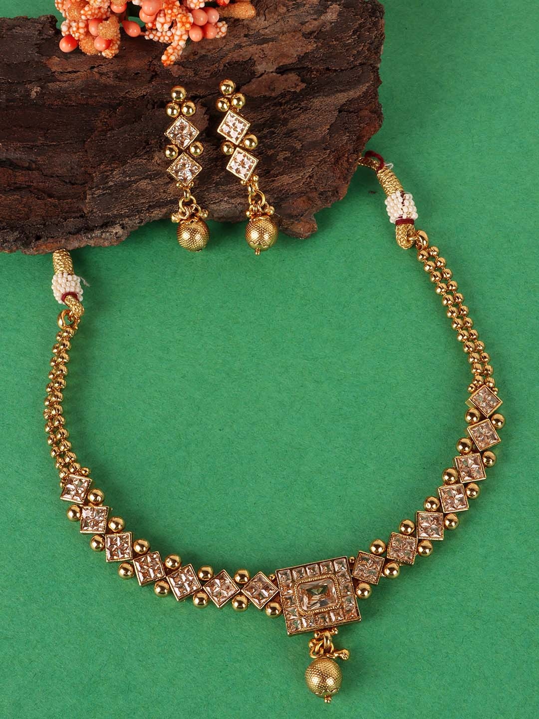 

JEWELS GEHNA Gold-Plated Artificial Stones Studded Handcrafted Jewellery Set