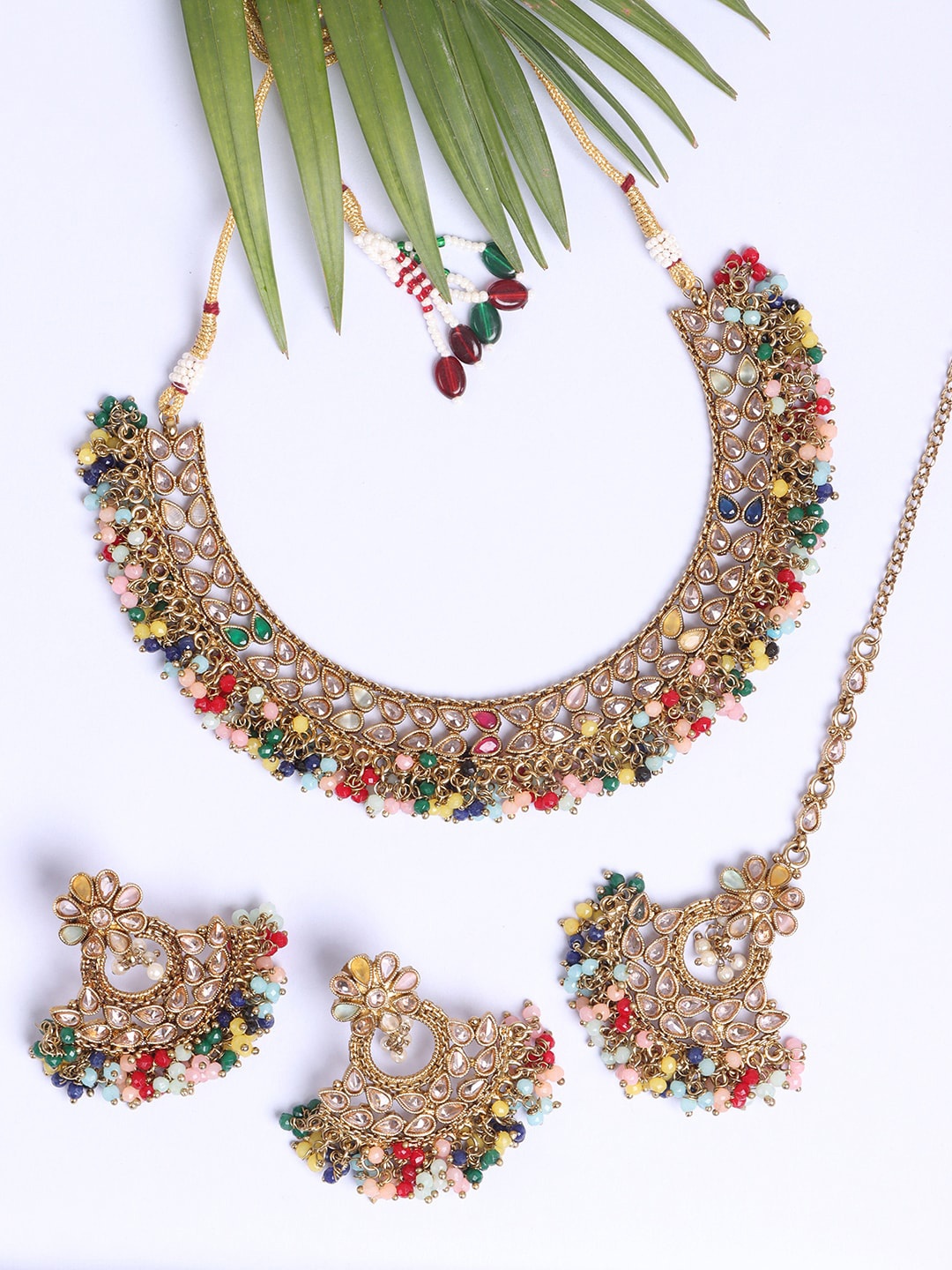 

JEWELS GEHNA Gold-Plated Multi-Colored AD Stone Studded And Beaded Jewellery Set