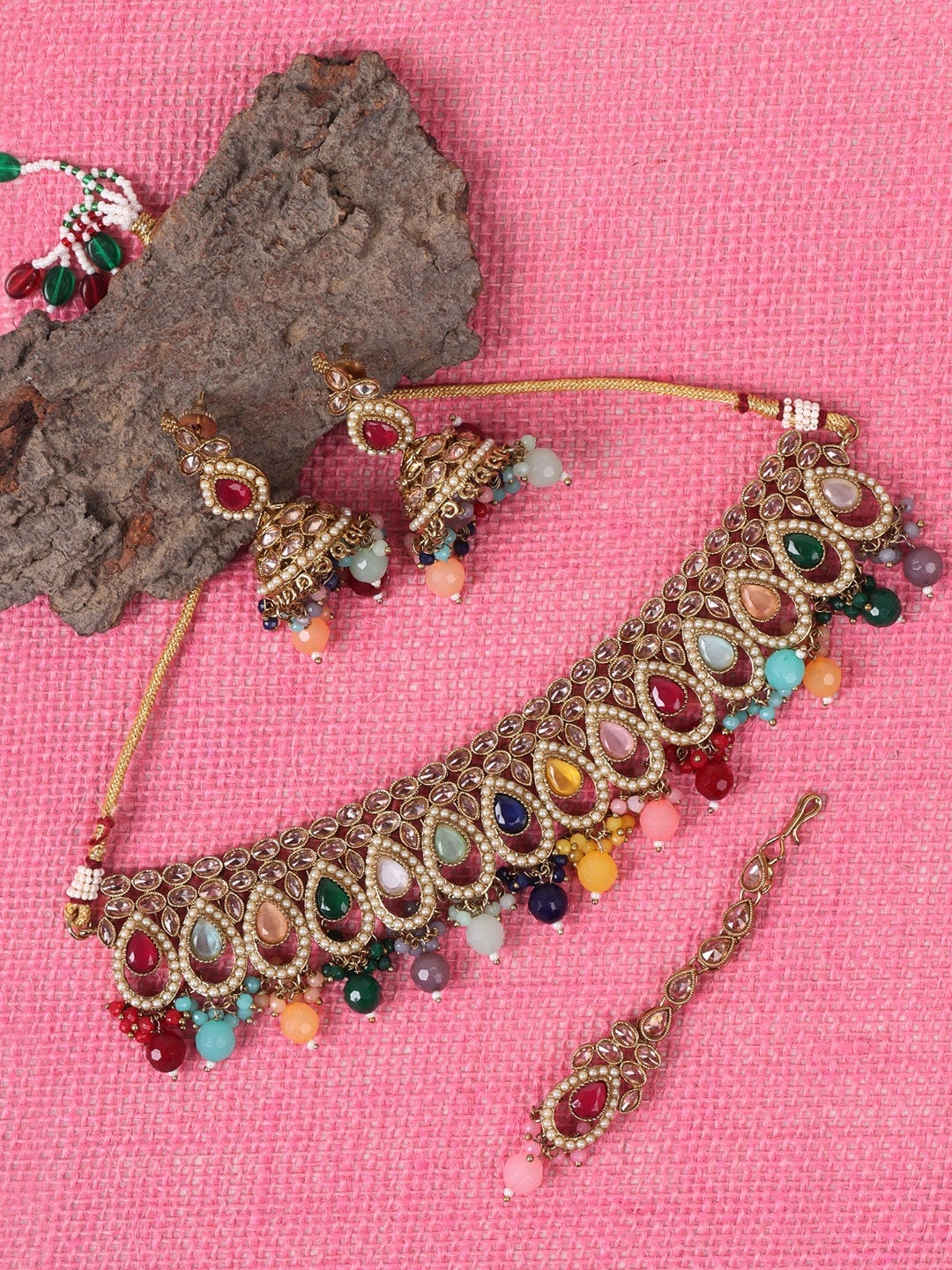 

JEWELS GEHNA Gold-Plated White & Green Stone-Studded Jewellery Set