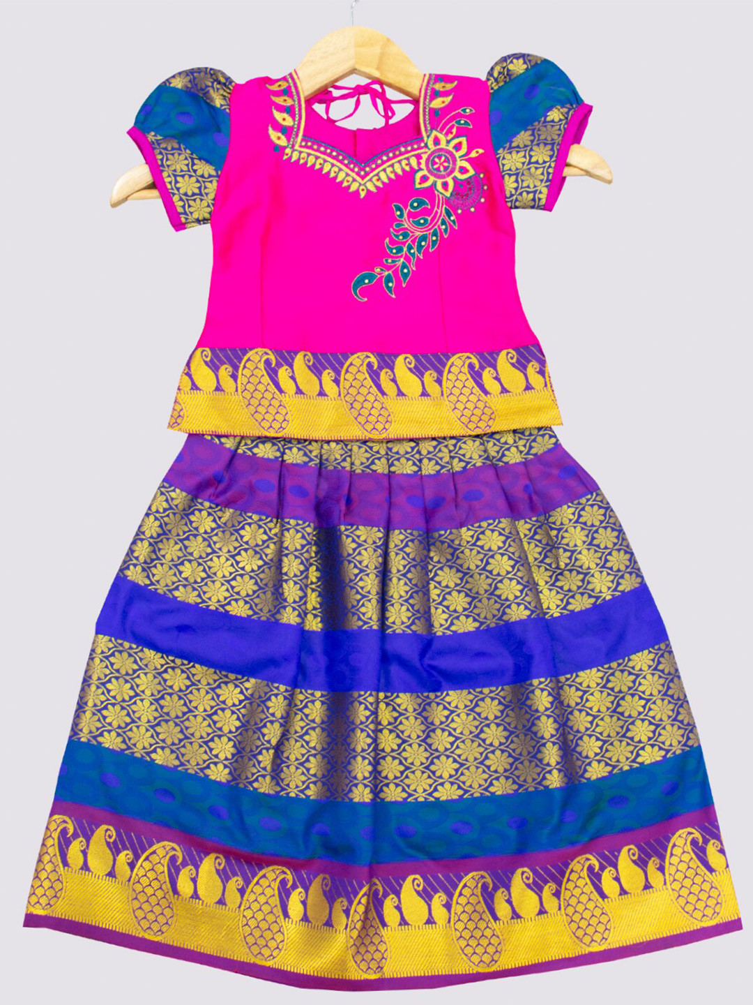 

AMIRTHA FASHION Girls Pink & Blue Embroidered Ready to Wear Lehenga